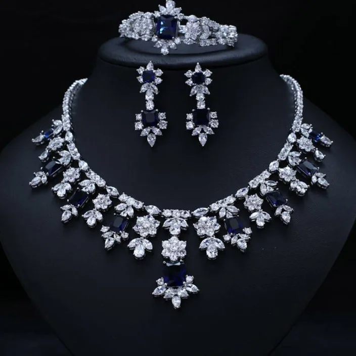 

Blue BRILLIANT CUBIC ZIRCONIA EARRINGS NECKLACE BRACELET Fashion JEWELRY SET WEDDING DRESS ACCESSARIES FULL SETS