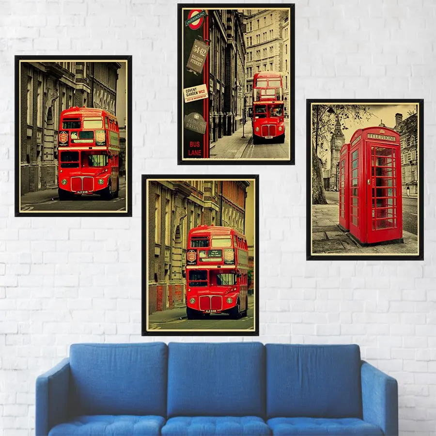 

Vintage Poster London Street Red Telephone Booth Wall Pictures Living Room Home Decorative Painting wallpaper wall sticker