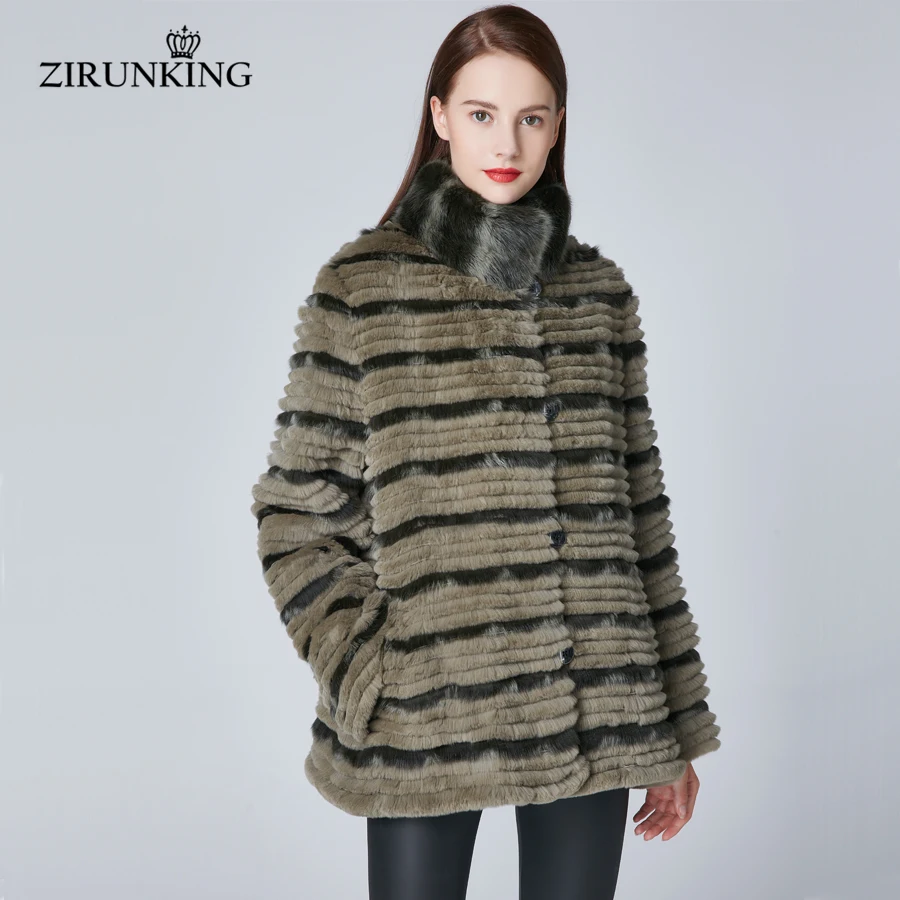 

ZIRUNKING Women Warm Real Rex Rabbit Fur Coat Natural Real Fur Collar Winter Jacket Reversible Female Outerwear ZC1851