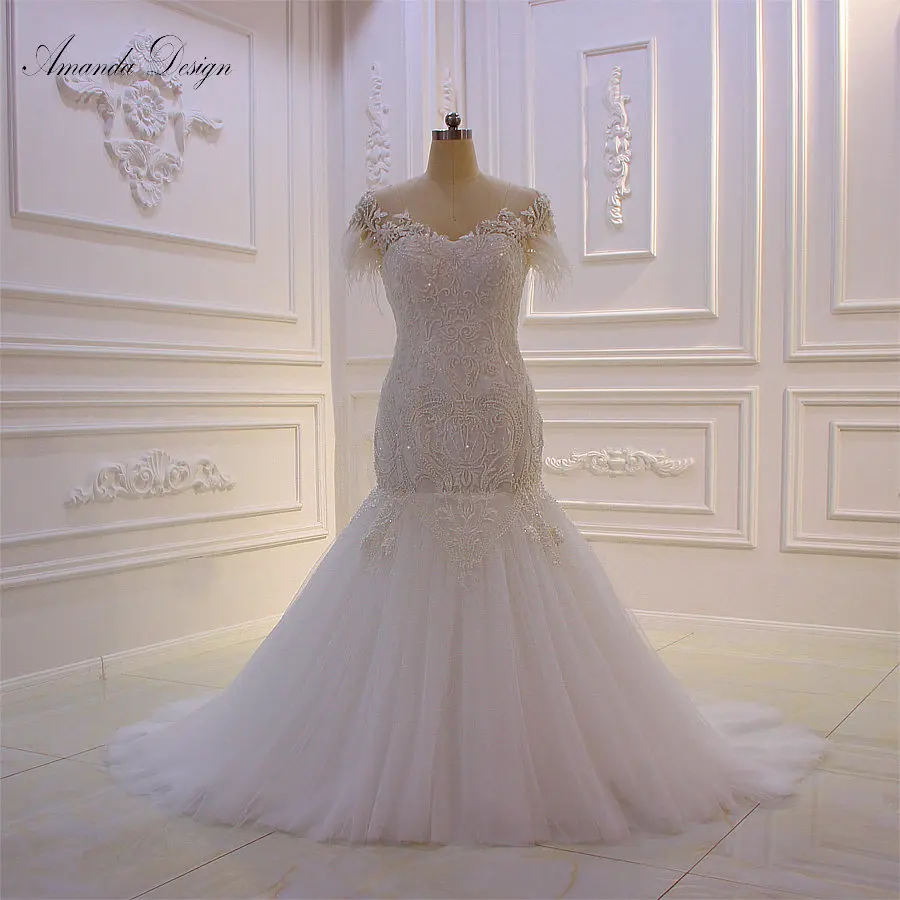 

Amanda Design vestidos de noche elegantes Cap Sleeve Lace Applique Mermaid Feather Wedding Dress