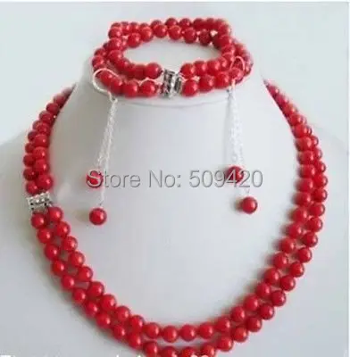 

Wholesale jewe214>> set 2 rows 7-8mm red coral necklace bracelet earring