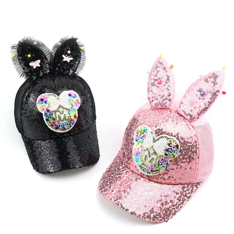 

New Summer Baby Hat Mesh Cartoon Child Long Ears Sequin Cotton Baseball Caps Boy Girl Sun Hats Beanies Kids Photography Props