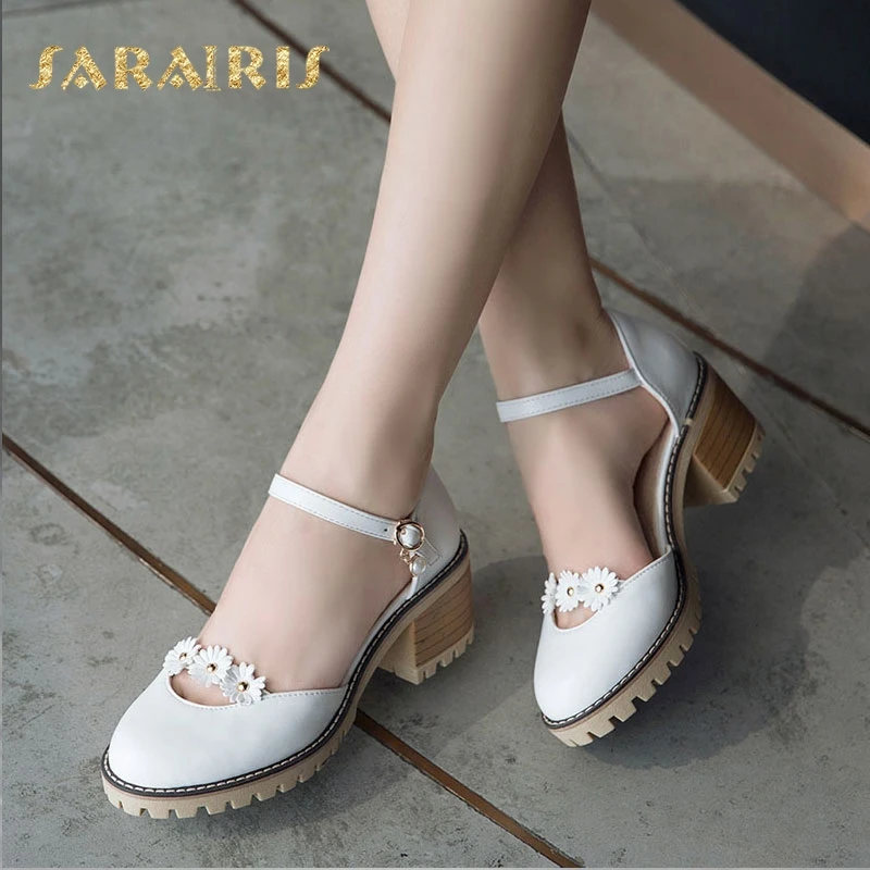 

Sarairis Popular Little Flower Decoation Chunky Heels Mary Jane Buckle Up Platform Summer Shoes Woman Sandals Large Size 31-43