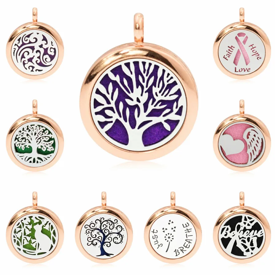 

Rose gold 25 mm Cute tree of life just breathe Locket Perfume diffuser essential oil locket fit necklace making 1 pad no chain