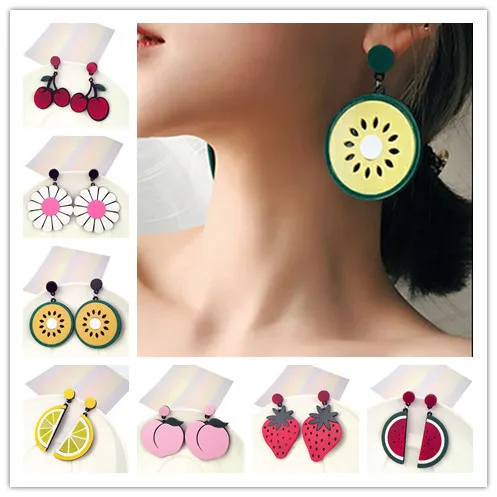 Acrylic Statement Earrings Dangle Girls Ear Clip Large Stud Women Watermelon Lemon Fruit Series Strawberry Jewelry Gift Fahion