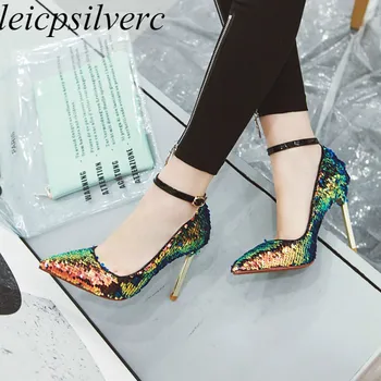 

Women's Pumps Super High Heel Sequined Cloth Pointed Toe Buckle Ankle Strap Discoloration 2019 Sexy Fashion Casual Party Gold
