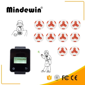 

Mindewin Wireless Restaurant System Long Range Receiver M-W-2 Wrist Black Touch Watch With 10 M-K-4 White Calling Buttons