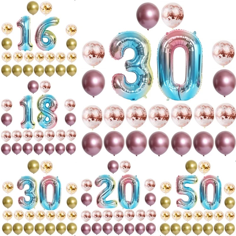 

22pcs/set 18 30th Happy Birthday Metal Confetti Balloon 32 Inch Gradient Color Number Foil Balloon Birthday Party Decoration 55