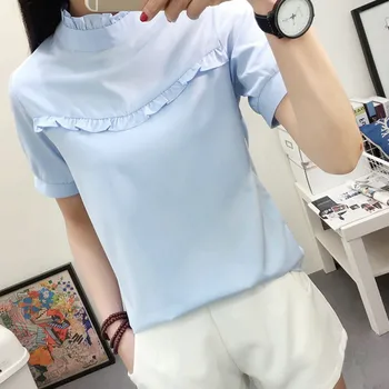 

Women's Blouse Office Solid Cute Tops Girls Shirts O-Neck Women Clothes Summer/Autumn