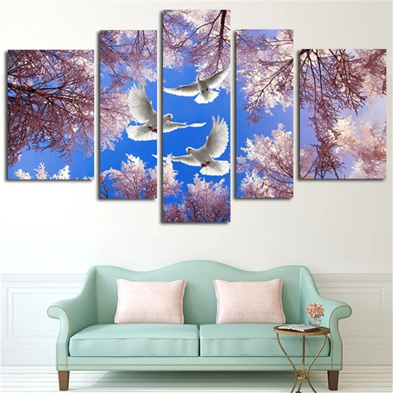 

HD Printed Modular Picture Large Canvas Painting For Bedroom 5 Panel Cherry Trees And Dove Landscape Home Wall Art Decor PENGDA