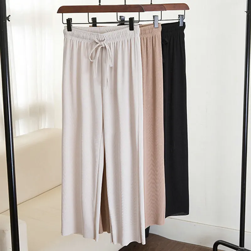 

Fashion Ice Silk Wide Leg Pants Women High Waist Spring Summer Female Casual Loose Knit Ankle-Length Pants