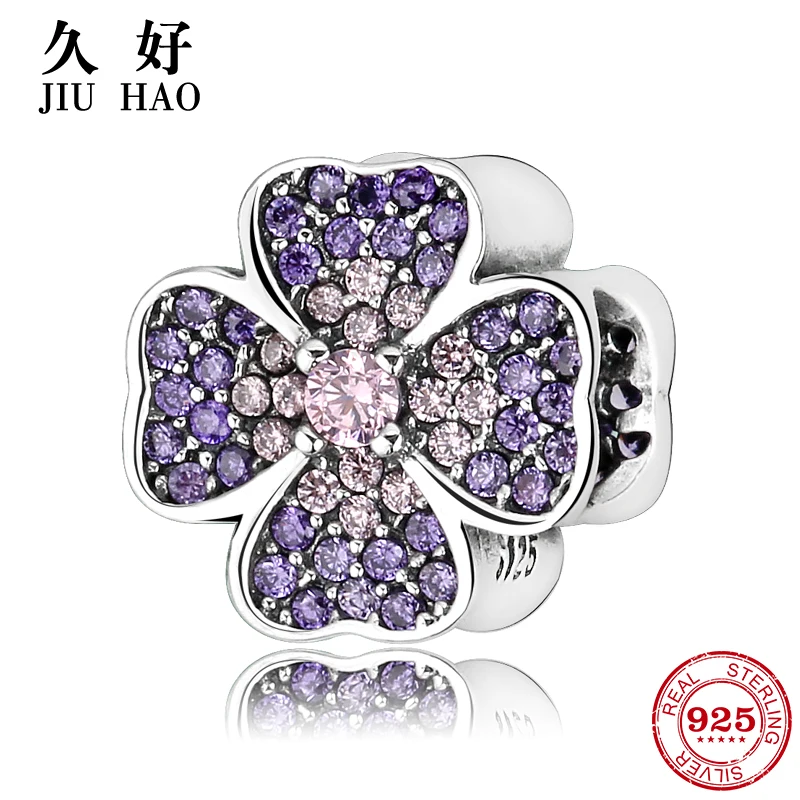 

925 Sterling Silver fashion Purple and Pink CZ Flowers Beads Fit Original Pandora Charm Bracelet Jewelry making 2018
