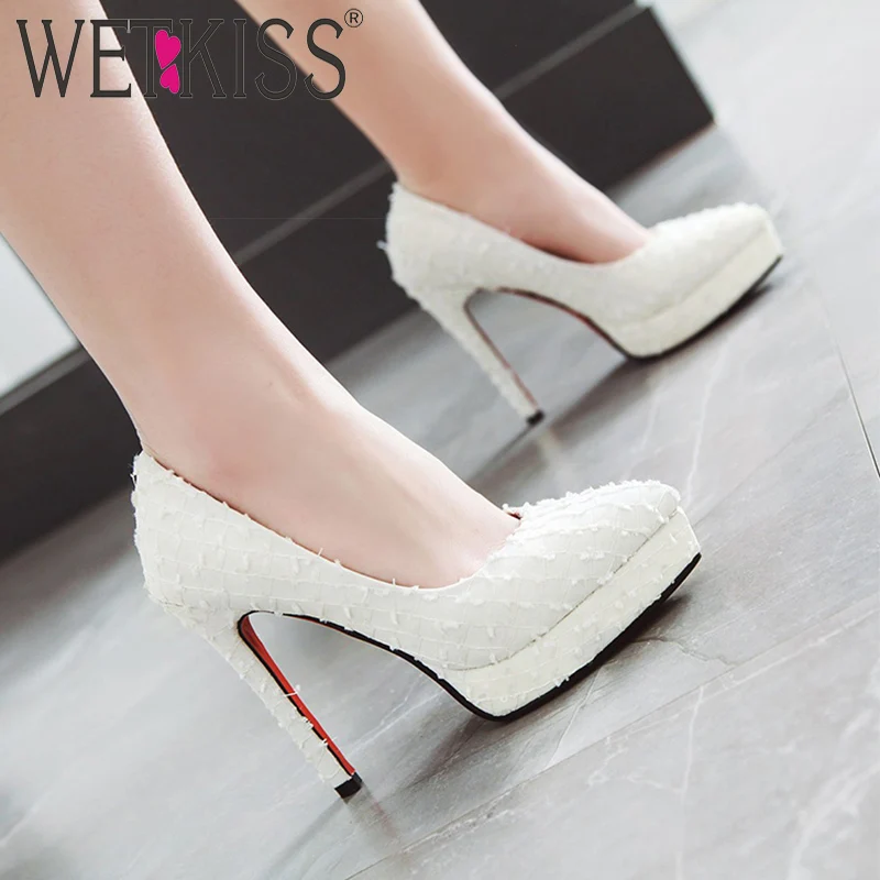 

WETKISS Platform Pumps Women Stiletto Heels High Pumps Shallow Mesh Cloth Shoes Female Pointed Toe Party Shoes Ladies Autumn