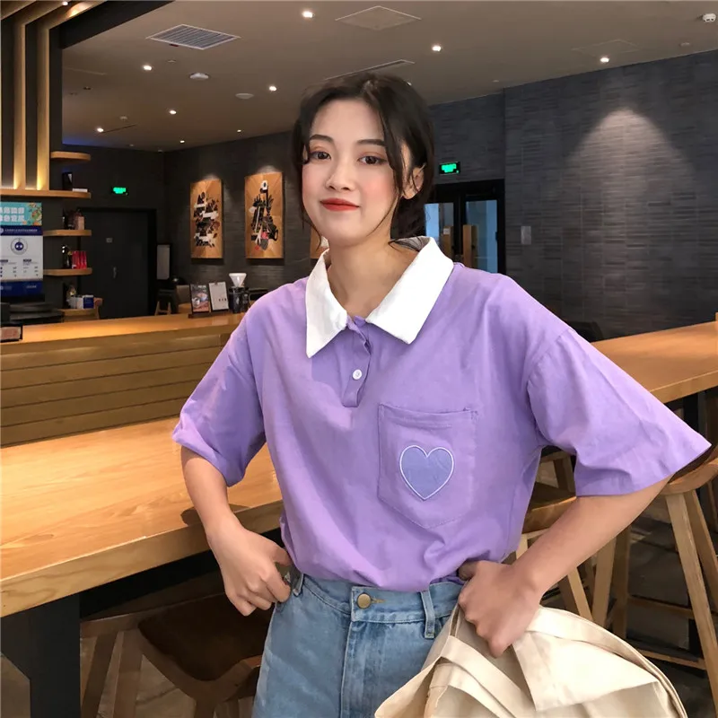 

Kawaii Pocket Turn-down Collar Tops Harajuku Style Women Tops Sweet Loose Korean Chic Love Embroidered Pocket Women Tee shirt