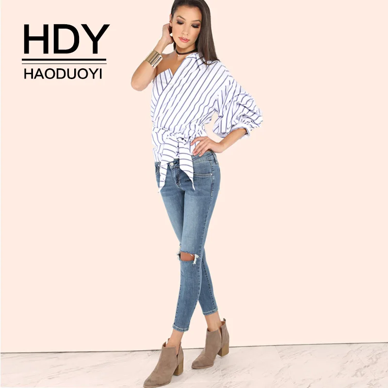 HDY Haoduoyi женские блузки в полоску с открытыми плечами рукавами фонариками