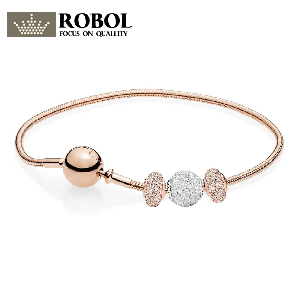 

ROBOL 100% 925 Sterling Silver Jewelry New Wisdom And Confidence Bracelet Gift Set Rose Gold Series