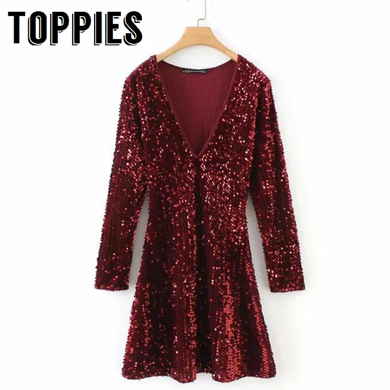 

Sexy Red V-Neck Sequined Dress Vintage Long Sleeve A-line Party Mini Dress Evening Glitter vestidos Club