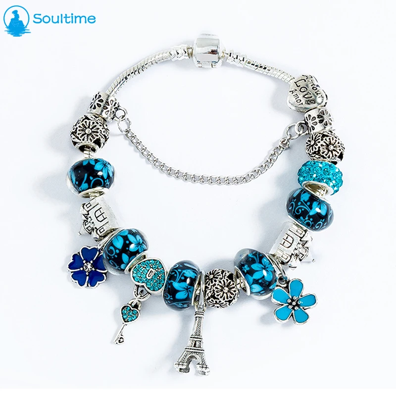 

SOULTIME Vintage Silver Color Charm Glass Bracelets For Women 2017 New Crystal Heart Beads Bracelets Pulseras DIY Jewelry