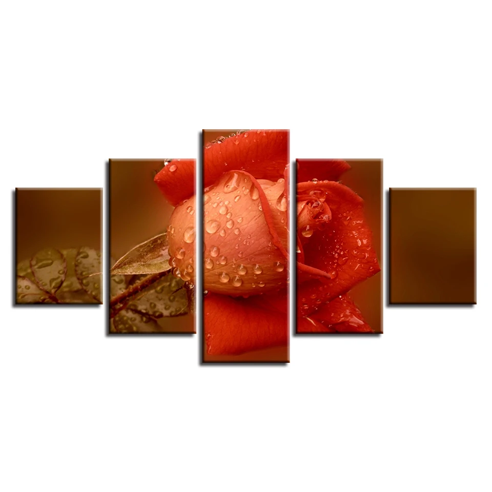 HD-Prints-Canvas-Home-Decor-Wall-Art-Poster-5-Pieces-Orange-Red-Roses-Painting-Modular-Flower (3)