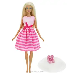 2 предметов = 1x на высоком каблуке Розовая обувь + 1x с милым бантом платье в полоску Летние повседневные Одежда для куклы Барби аксессуары