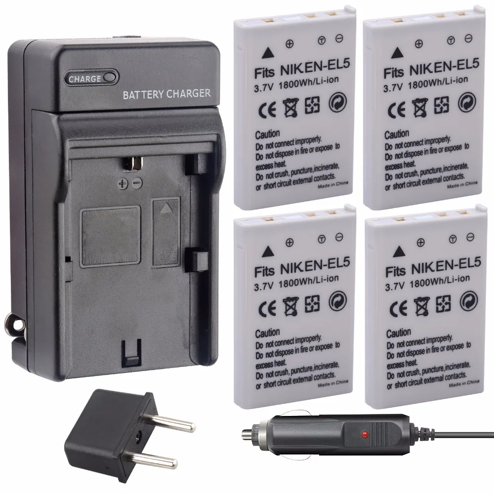 PROBTY 4Pcs 1800mAh EN EL5 EN EL5 Li ion Camera Battery + Car Charger