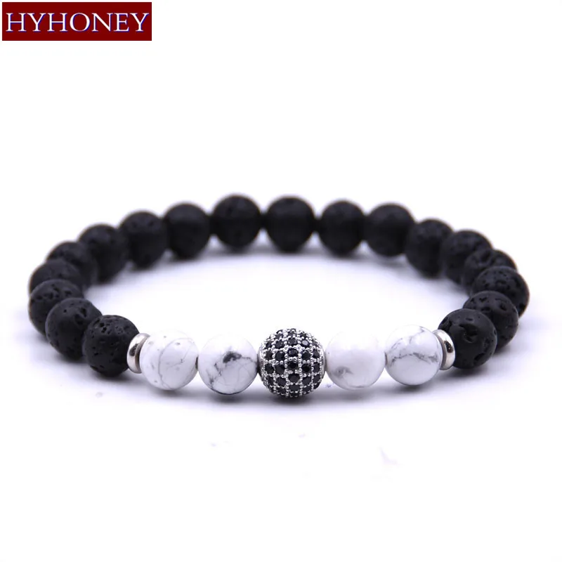 

HYHONEY 8mm Lava Natural stone Beads Bracelets for Women Micro Pave CZ Disco Ball Strand Bracelet Men Energy Jewelry