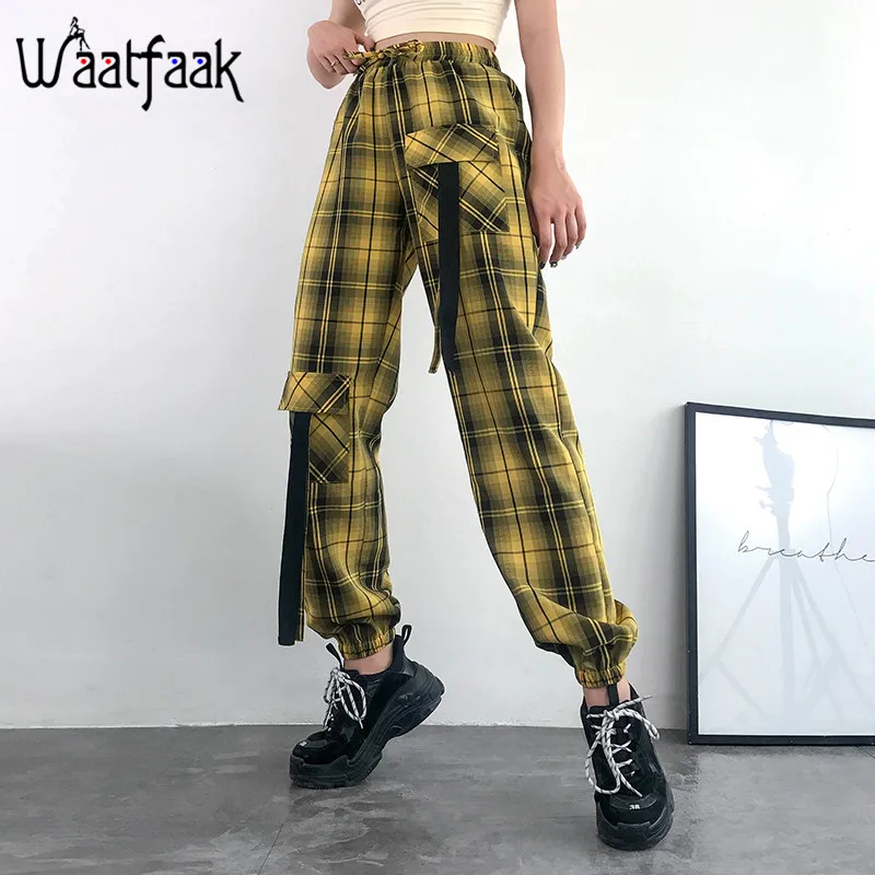 

Waatfaak Korean High Waist Cargo Pants Women Trousers Baggy Casual Pocket Belt Yellow Plaid Joggers Ladies Belt Harajuku Pants