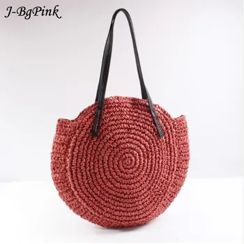 

round straw bag beach bag woven large capacity single shoulder hand crochet Summer girl bag 2019 new
