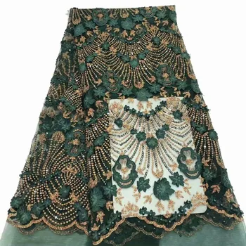 

2019 Green Luxury Fabric High Quality African Lace Fabric Hand mace Beads 3d Lace Fabric Nigerian Bridal Wedding Lace Fabric