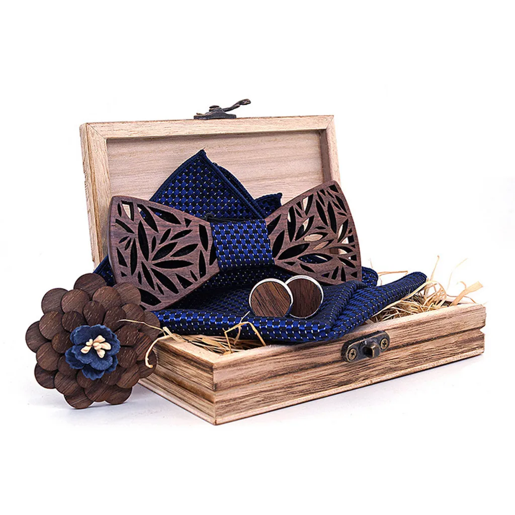 Wooden Bow Tie Handkerchief Set Men's Plaid Bowtie Wood Hollow carved cut out Floral design And Box Novelty ties Bowtie