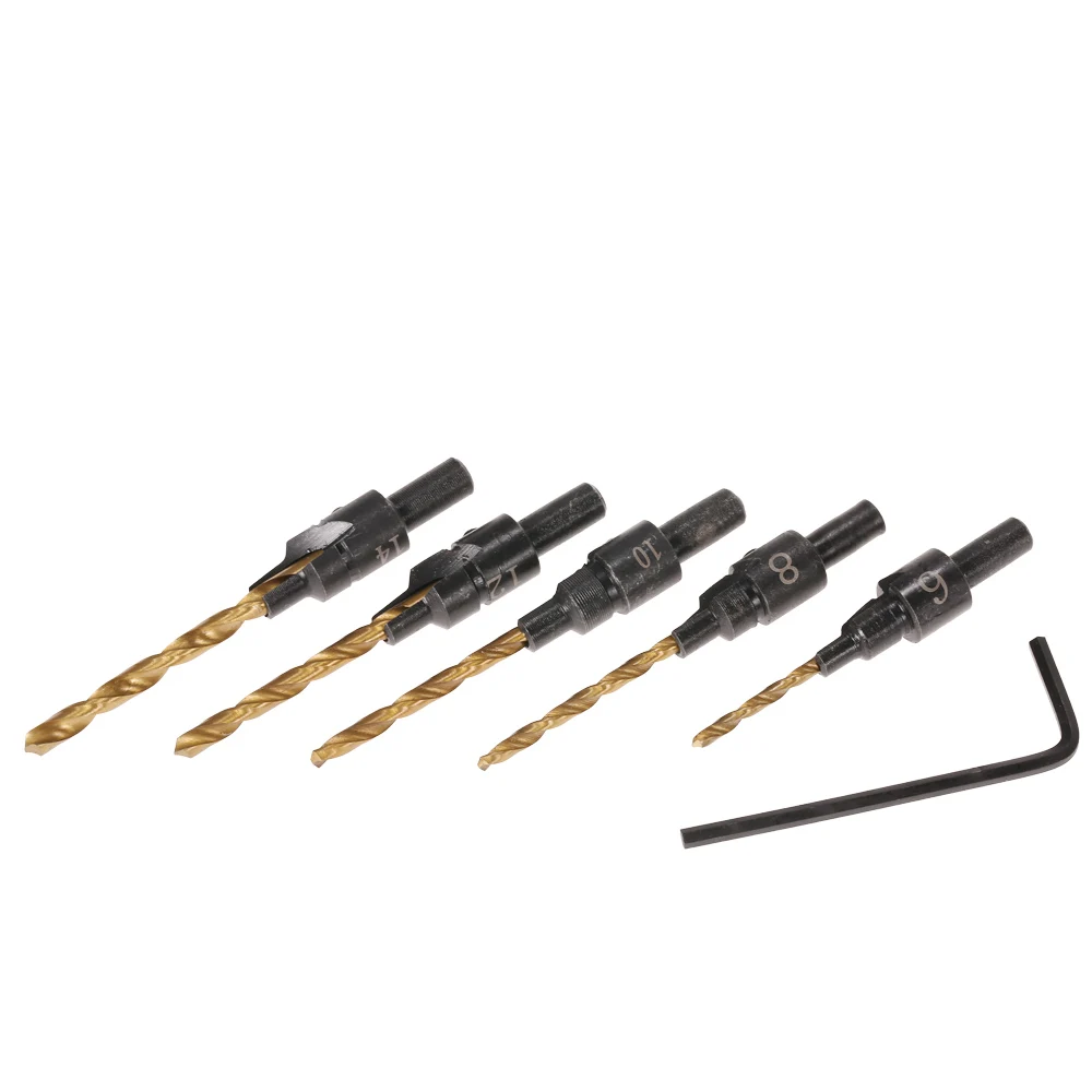 5pcs HSS Hex Shank For Woodworking Screw Carpentry Reamer Chamfer Milling Countersink Drill Cone Bit Set Quick Change
