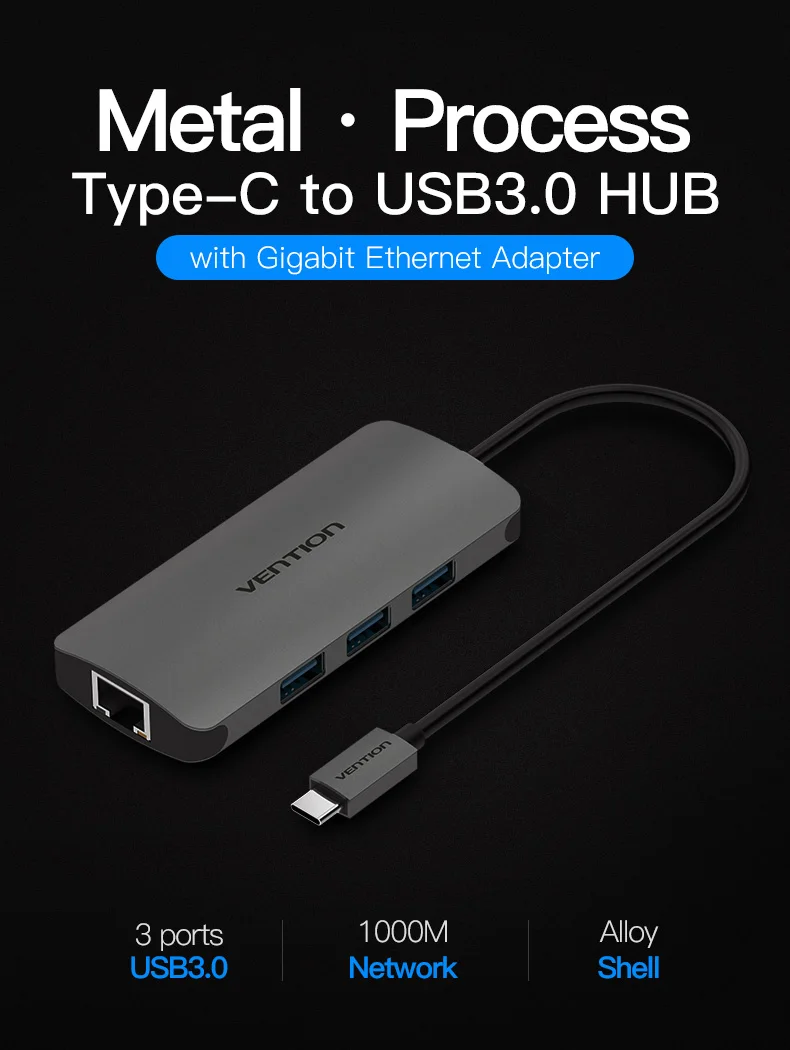 Vention USB C Ethernet адаптер usb-хаб 3 порта конвертер Тип C 3,0 USB к RJ45 Lan сетевая карта для Macbook USB Ethernet переключатель