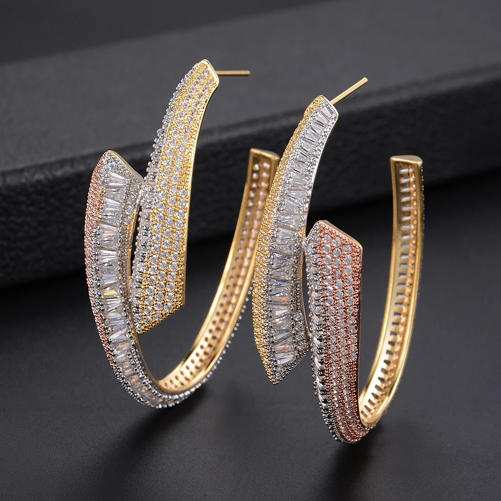 

GODKI Luxury Shinning Big Hoop Earring For Women Wedding Popular 3 Tone Geometry Full Mirco Cubic Zircon Nigerian Hoop Earrings