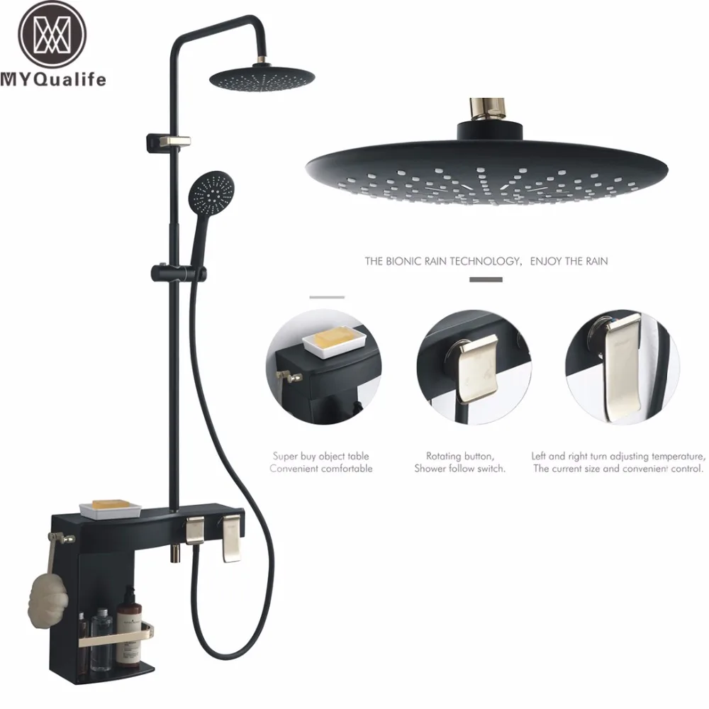 

Matte Black Shower Faucet Set Bathroom Rainfall Shower Mixer Faucet Bath Furniture Shower System and Storage Box Commodity Shelf