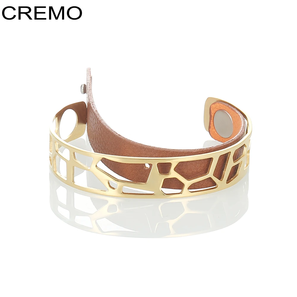 

Cremo Giraffe Cuff Bangles jonc Gold Bracelet Stainless Steel Bracelets Manchette Femme Bijoux Reversible Leather Pulseiras