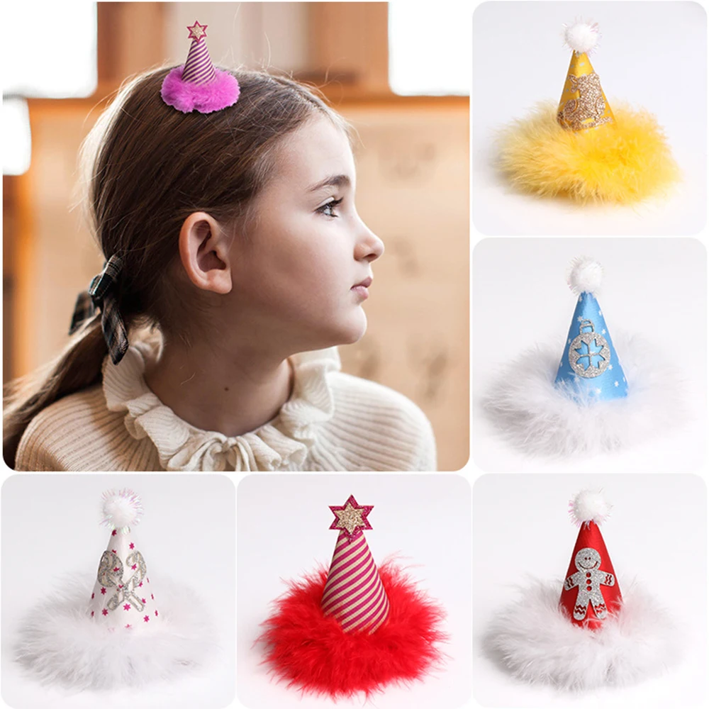 

8CM Christmas PomPom Barrettes With Clips Glitter Hat Hair Clips for Girls Soft Feather Hairgrips Kids New Year Hair Accessories