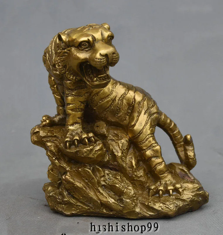 

Chinese Fengshui Brass Sculpture Roars ferocious Zodiac Tiger Stand Stone Statue