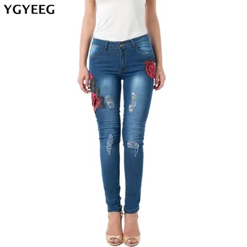 

YGYEEG New Plus Size Stretchy Ripped Jeans With Scuffs 3D Embroidery Flowers Woman Denim Pants Trousers For Women Jeans S-XXXL
