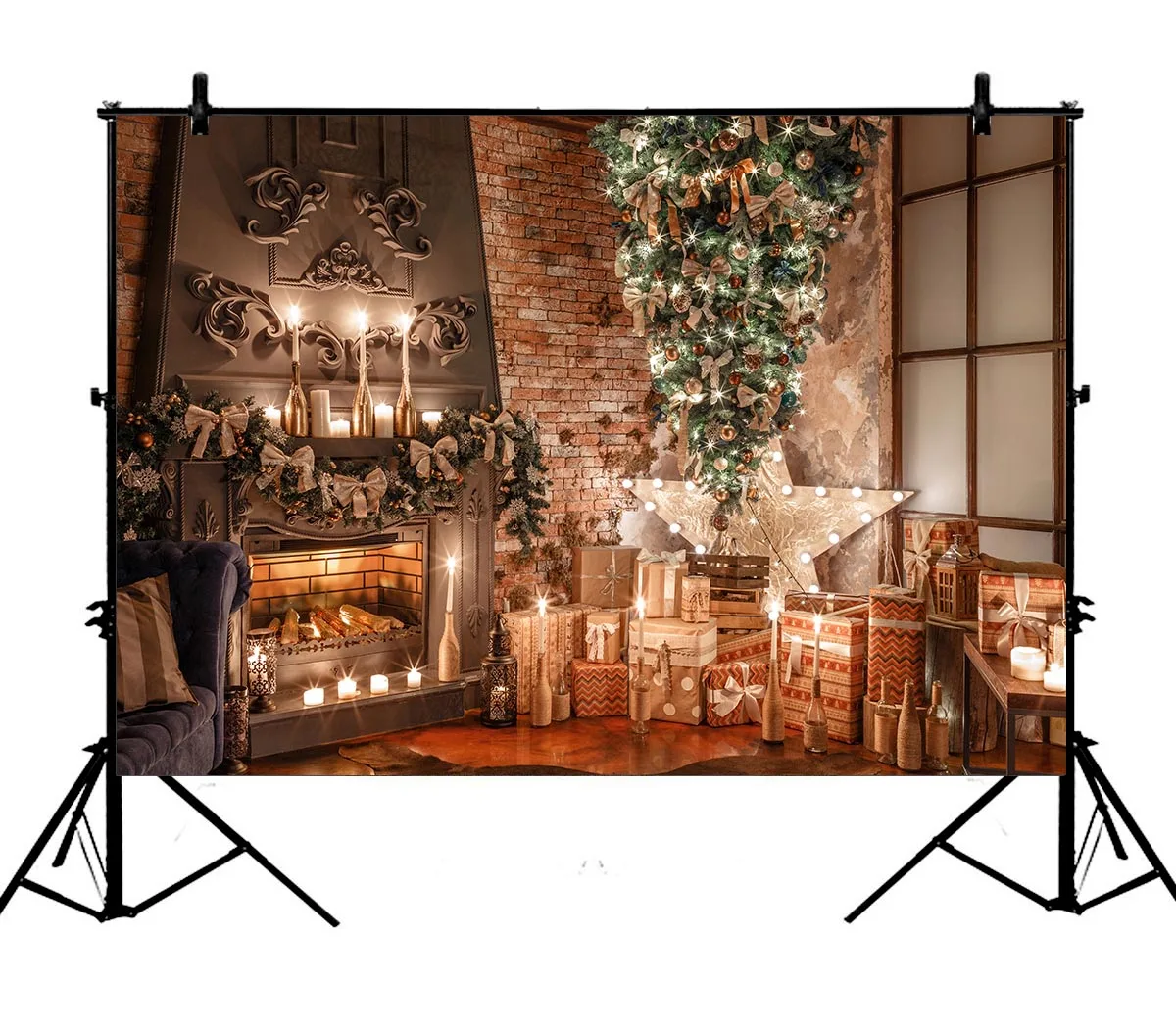 

5x7ft Christmas Xmas Tree Candles Fireplace Gifts Brick Wall Polyester Photo Background Portrait Backdrop