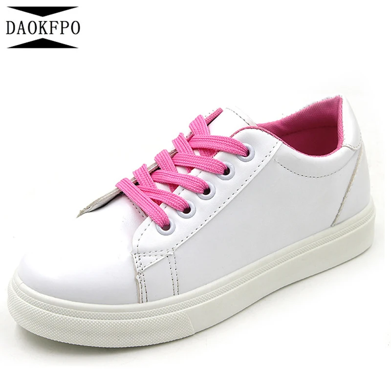 

DAOKFPO 2018 Hot Selling women white lace up shoes with embroidery Totem flat students PU Anti-slip Bottom small white shoes