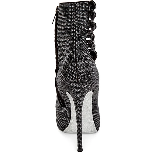 Летние роскошные черные ботинки; женские ботинки с ремешками на лодыжках, украшенные серебристыми стразами; женские ботинки на высоком каблуке