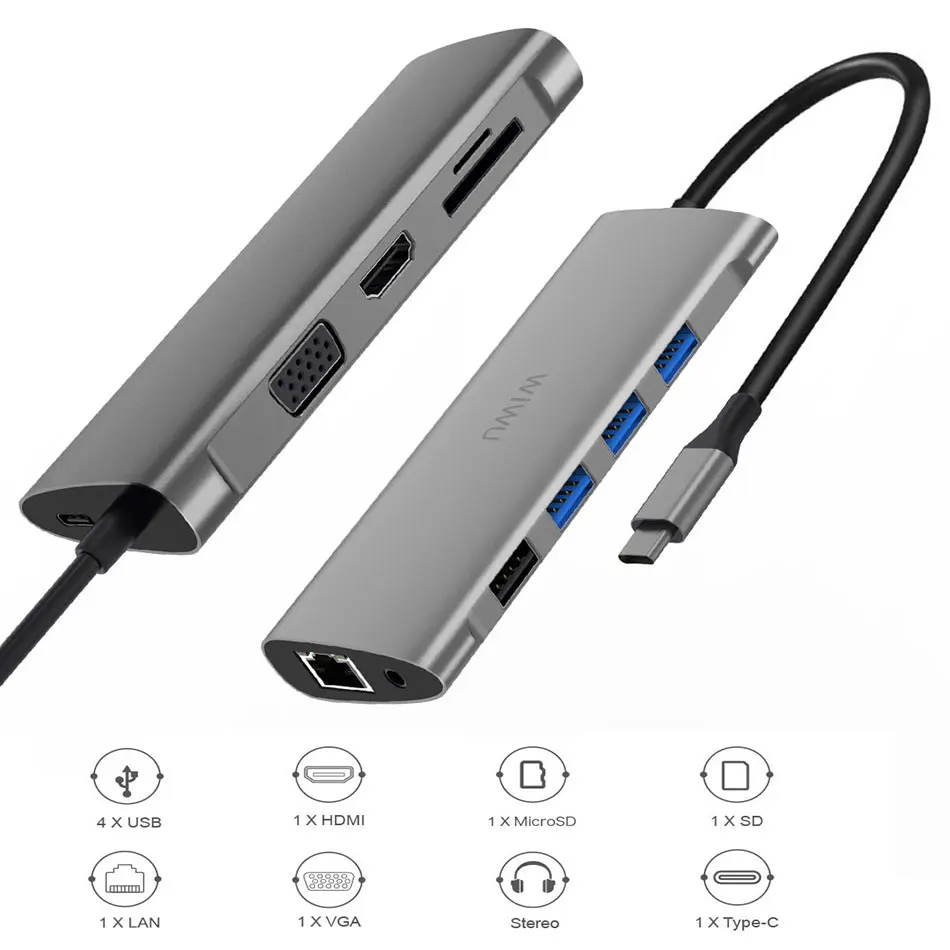 WIWU 11 в 1 мульти usb-хаб для MacBook Pro USB адаптер док-станция для зарядки type-c концентратор HDMI RJ45 VGA USB разветвитель 3,0 USB C концентратор