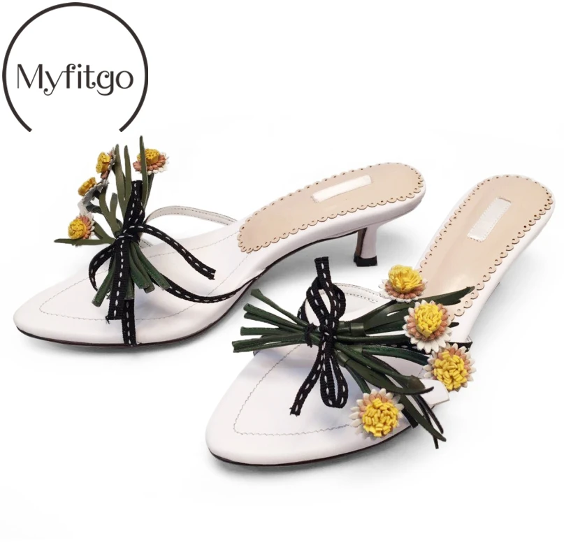 

Myfitgo Real Flowers Summer Slippers Brand Design Sexy Sandals High Heels Elegant Party Shoes Women Butterfly-knot Slide on Shoe