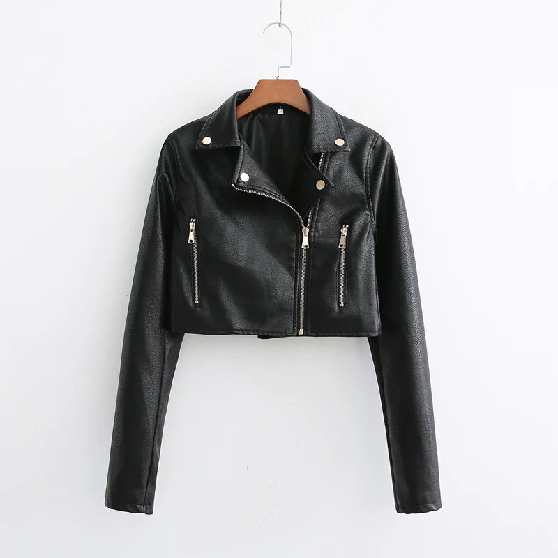 

Black Motorcycle Women Leather Jacket 2019 Spring PU Biker Jackets Rivet Zipper Long Sleeve Crop Top Coat Casual Casaco Femme