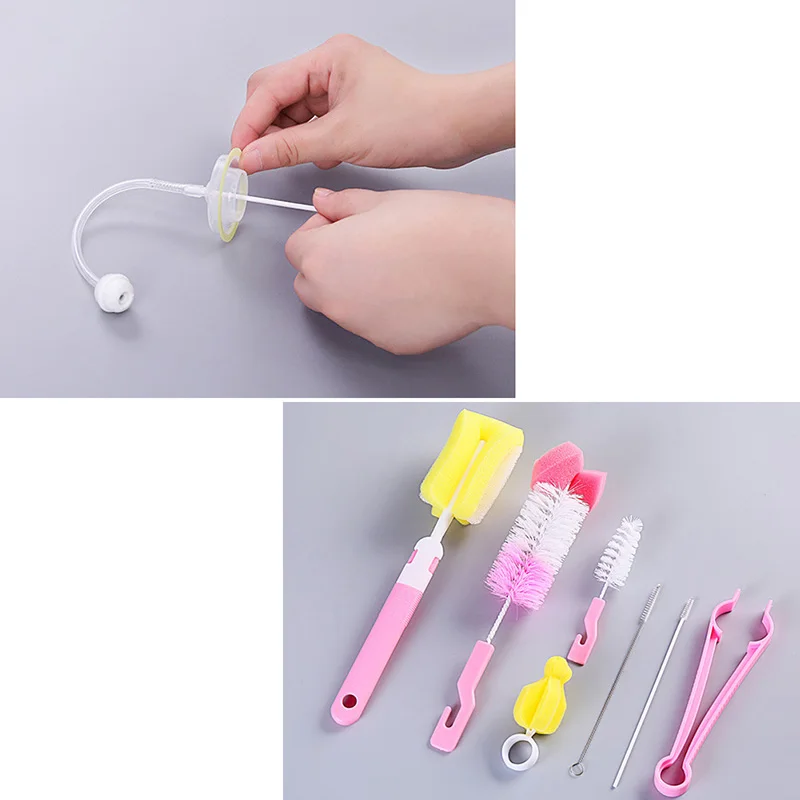 7 pcs/set Sponge Plastic Bottle Brushes Cleaner Bottle Clamp Nipple Clip Glass Milk Bottle Cleaning