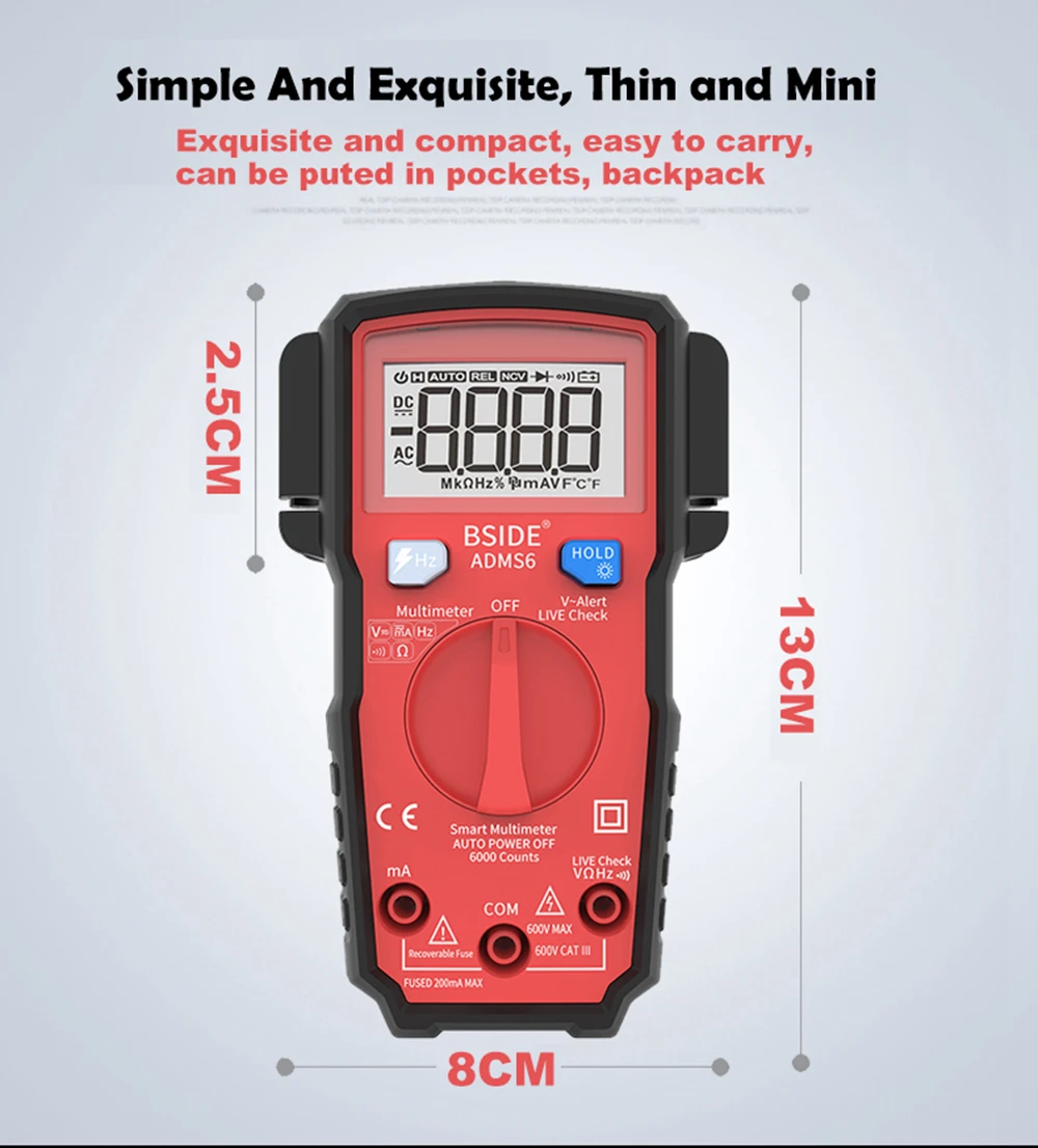 BSIDE Умный Цифровой мультиметр ADMS6 Автоматический диапазон 6000 отсчетов DC/измеритель напряжения переменного тока DMM автоматический Ом Hz V-alерт тест