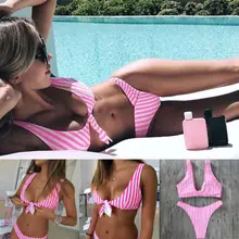 Women Bikini Bandage Striped Pink White