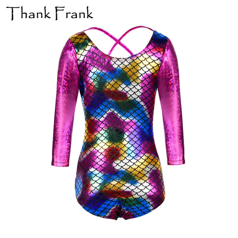 Girls Metallic Gymnastics Leotard Kids Shiny Long Sleeve Ballet Leotards Tolddler Children Adorable Mermaid Costumes TF1012 