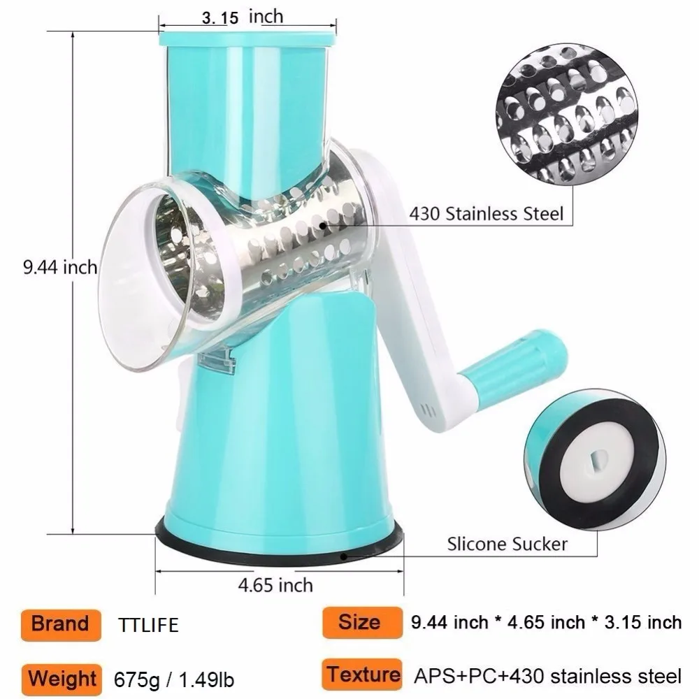 TTLIFE Vegetable Cutter Round Mandoline Slicer Potato Carrot Grater Slicer with 3 Stainless Steel Chopper Blades Kitchen Tool