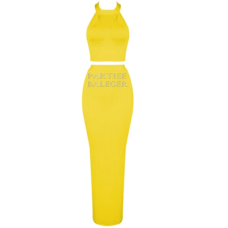 Летние новые модные комплекты из двух предметов Сексуальная без рукавов и спинки модель с лямкой на шее бандаж знаменитости для вечеринок юбка костюм - Цвет: Цвет: желтый